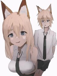  1boy 1girl :d animal_ears blonde_hair blue_eyes fisheye foreshortening fox_ears highres necktie original skashi smile 