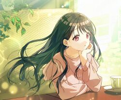  1girl cup earrings floating_hair fukumaru_koito hand_on_own_chin idolmaster idolmaster_shiny_colors jewelry long_hair long_sleeves looking_at_viewer official_alternate_hair_length official_alternate_hairstyle pink_eyes pink_shirt plant qinglai_haiji restaurant shirt solo table teacup upper_body 