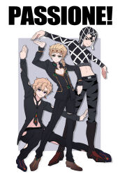  3boys animal_print black_eyes black_hat black_necktie blonde_hair boots braid braided_ponytail brown_shoes cleavage_cutout clothing_cutout commentary_request crop_top earrings food-themed_earrings food_print fruit_print giorno_giovanna green_eyes guido_mista hair_over_shoulder hat highres jewelry jojo_no_kimyou_na_bouken knee_boots male_focus multiple_boys necktie outstretched_arms pannacotta_fugo shoes single_braid solo squatting strawberry_earrings strawberry_print tiger_print toubun_teikou turtleneck vento_aureo violet_eyes 