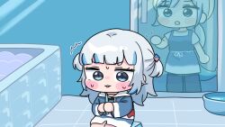  2girls ^^^ apron bath bathroom bathtub black_pants blue_apron blue_eyes blue_hair blue_hoodie blush_stickers chibi drawstring gawr_gura gawr_gura_(1st_costume) glass_door grey_hair grey_shirt hair_ornament highres hololive hololive_english hood hood_down hoodie indoors knocking long_hair low_ponytail mochimiko mother_and_daughter multicolored_hair multiple_girls notice_lines open_mouth pants parted_lips ponytail shirt short_sleeves streaked_hair sweat tile_floor tiles virtual_youtuber 