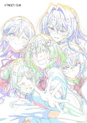  5girls :3 ;) ;d absurdres amaori_renako animation_paper ashigaya_high_school_uniform book bow bowtie color_trace commentary flower_hairpin hair_intakes hair_ornament hairclip harem highres hug ishii_hisao koto_satsuki koyanagi_kaho leaning_on_person light_frown long_hair long_sleeves looking_at_another multiple_girls neck_ribbon one_eye_closed ouzuka_mai parallel_hairclips production_art ribbon school_uniform sena_ajisai shirt short_hair smile surrounded sweatdrop v-shaped_eyebrows watashi_ga_koibito_ni_nareru_wake_naijan_murimuri! wavy_mouth x_hair_ornament yuri 