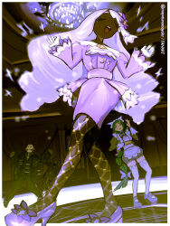  2boys 2girls :d apron border bow braid chandelier closed_eyes commentary dark-skinned_female dark_skin dress eyelashes fishnet_pantyhose fishnets gloves green_hair hair_bow hands_up high_heels highres indoors jacinthe_(pokemon) lebanne_(pokemon) long_hair long_sleeves maid mayotsunamayo multiple_boys multiple_girls open_mouth pantyhose philippe_(pokemon) pokemon pokemon_legends:_z-a purple_dress purple_shoes shoes smile teeth thigh-highs twintails twitter_username upper_teeth_only w_arms white_border white_gloves 