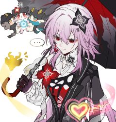  ... 1girl asymmetrical_sleeves buttons chimera_(honkai:_star_rail) dan_heng_(honkai:_star_rail) dragon dress earrings evernight_(honkai:_star_rail) gloves hair_between_eyes hair_ornament hairclip hashtag-only_commentary heart highres holding holding_umbrella honkai:_star_rail honkai_(series) jewelry layered_dress long_hair march_7th_(honkai:_star_rail) mismatched_sleeves parallel_hairclips pink_hair red_eyes ring single_bare_shoulder single_earring solo sp0i0ppp trailblazer_(honkai:_star_rail) umbrella very_long_hair 