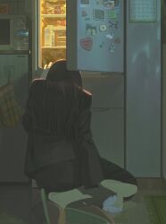  1girl black_hair black_jacket black_skirt bottle cake calendar_(object) clock cup dark digital_clock food from_behind highres indoors jacket jewelry jiankun_yu kitchen long_hair magnet medium_skirt microwave milk_carton mug on_floor original oven_mitts plastic_bottle refrigerator refrigerator_magnet ring sitting skirt slippers solo water_bottle yokozuwari 