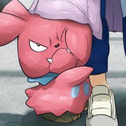  1girl absurdres blue_pants highres looking_at_viewer one_eye_closed pants pink_fur pokemon pokemon_(creature) pokemon_focus shoes snubbull solo_focus spicyichizo white_shoes 