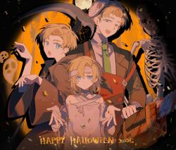  2025 3boys apron bandaged_hand bandaged_head bandaged_neck bandages black_jacket black_robe blonde_hair chainsaw chi.:_chikyuu_no_undou_ni_tsuite closed_mouth collared_shirt cosplay death_(entity) full_moon green_necktie grim_reaper grim_reaper_(cosplay) happy_halloween highres hockey_mask holding holding_chainsaw jacket jason_voorhees jason_voorhees_(cosplay) male_focus mask mask_on_head medium_hair moon multiple_boys mummy_costume necktie open_mouth parted_bangs rafal_(chi.) red_apron robe scythe serien shirt short_hair skeleton smile suit_jacket white_shirt wide_sleeves 
