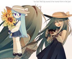  1girl ^_^ air_zizon black_shoes blue_dress blue_eyes bouquet brown_hat closed_eyes colored_skin commentary_request dress eunoia_(frozen_soul) floating_head flower frozen_soul hat highres holding holding_bouquet korean_commentary leaf long_hair long_sleeves multiple_views puffy_long_sleeves puffy_sleeves roblox shirt shoes smile sunflower thigh-highs very_long_hair white_shirt white_skin white_thighhighs 