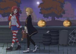 2girls absurdres aisha_greyrat basket black_coat black_gloves black_pantyhose blonde_hair blue_jacket blue_skirt bug coat commentary commission cosplay cosplay_request demon_tail english_commentary from_side gloves green_eyes hairband halloween halloween_costume hand_up highres holding holding_basket jack-o&#039;-lantern jacket lessar lessar_(cosplay) long_hair long_sleeves mechanical_tail miniskirt moon multicolored_jacket multiple_girls mushoku_tensei norn_greyrat open_clothes open_jacket pantyhose pink_hairband red_hair red_jacket shirt siblings silk sisters skirt smile spider spider_web striped_clothes striped_thighhighs tail thigh-highs tialimko toaru_majutsu_no_index tree walking white_jacket white_shirt 