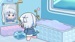  1girl :3 barefoot bath bath_stool bathroom bathtub blue_eyes blue_hair blue_hoodie chibi closed_mouth drawstring fins fish_tail gawr_gura gawr_gura_(1st_costume) grey_hair highres hololive hololive_english hood hood_down hoodie indoors long_sleeves mirror mochimiko multicolored_hair reflection running shark_tail solo stool streaked_hair tail tile_floor tiles transparent two_side_up virtual_youtuber water window 