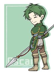  1boy aonagimay armor character_name closed_eyes deformed fire_emblem fire_emblem:_path_of_radiance full_body green_armor green_hair highres holding holding_polearm holding_weapon looking_back male_focus oscar_(fire_emblem) polearm short_hair smile solo standing weapon 