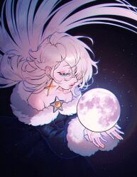  1girl alternate_costume bare_shoulders black_dress blonde_hair blue_eyes brooch dress earrings fur-trimmed_sleeves fur_collar fur_trim hair_over_one_eye half-closed_eyes highres jewelry lips long_hair mong_(mong_milo) moon off-shoulder_dress off_shoulder rosalina solo space star_(symbol) star_brooch star_earrings super_mario_bros. 