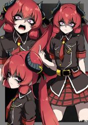  1girl assault_rifle blue_archive demon_horns demon_wings food gun hair_between_eyes halo highres horns junko_(blue_archive) long_hair looking_at_viewer multiple_persona nagainegi red_eyes red_hair red_halo rifle shirt simple_background skirt stg44 twintails weapon wings 