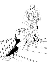  1girl absurdres ahoge alternate_costume arm_at_side arm_up blunt_ends blush bow bowtie casual collared_shirt dutch_angle eyes_visible_through_hair full_body grin hair_between_eyes hair_intakes hashtag-only_commentary highres hitachi_mako knee_up kneehighs looking_at_viewer medium_hair outdoors senren_banka shirt shoes short_sleeves sidelocks simple_background sitting sitting_on_stairs skirt smile socks solo stairs straight_hair uoouchan white_background 