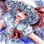  bat_wings blue_hair hat lowres nanashii_(soregasisan) open_mouth red_eyes remilia_scarlet solo touhou wings 