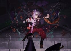  1boy 1girl absurdres angry arms_up attack autumn_leaves bandaged_hand bandages black_boots blocking boots bridal_gauntlets bridge clash closed_mouth commentary_request duel electricity faceless faceless_female female_pov fighting fighting_stance friends from_above full_body genshin_impact glowing glowing_sword glowing_weapon grey_hair highres holding holding_sword holding_weapon japanese_clothes jewelry kaedehara_kazuha katana kimono leaf looking_at_viewer looking_up low_ponytail maple_leaf multicolored_hair musou_isshin_(genshin_impact) night outdoors pants pendant ponytail pov pov_hands power-up powering_up protecting raiden_shogun red_pants red_scarf scarf shade shaded_face shadow short_sleeves sparks spoilers standing streaked_hair sweatdrop sword tanyu_8 violet_eyes vs weapon wide_sleeves wind worried 