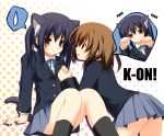  2girls arm_support black_hair blush brown_eyes brown_hair cat_ears cat_pose eye_contact female hand_holding hirasawa_yui k-on! long_hair multiple_girls nakano_azusa no_legwear paw_pose sakura_mikan_(chirizakura) school_uniform short_hair skirt sweatdrop twintails yuri 