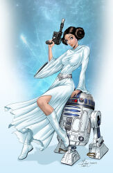  1girl artist_collaboration astromech_droid belt boots breasts brown_eyes brown_hair dawn_mcteigue double_bun dress full_body gun hair_bun holding holding_gun holding_weapon medium_breasts princess_leia r2-d2 robot sean_ellery signature silver_belt solo star_wars star_wars:_a_new_hope vitali_iakovlev weapon white_boots white_dress 