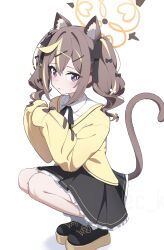  1girl absurdres animal_ear_fluff animal_ears black_bow black_ribbon black_shoes black_skirt blonde_hair blue_archive blush bow bright_pupils brown_hair cardigan cat_ears cat_girl cat_tail closed_mouth collared_shirt commentary_request cross-laced_shoes double-parted_bangs extra_ears frilled_skirt frills frown full_body hair_between_eyes hair_bow hair_ornament halo hands_up highres kemonomimi_mode long_hair looking_at_viewer miniskirt multicolored_hair neck_ribbon orange_halo pleated_skirt rena_(blue_archive) ribbon school_uniform shirt shoes sidelocks simple_background skirt sleeves_past_fingers sleeves_past_wrists solo squatting streaked_hair sweatdrop tail tail_raised twintails two-tone_hair vec_ka violet_eyes wavy_hair white_background white_pupils white_shirt x_hair_ornament yellow_cardigan 