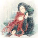  1girl black_hair closed_eyes couple eyes_closed harry_potter hug lily_evans long_hair meiriel open_mouth red_hair redhead robe scarf school_uniform severus_snape short_hair smile snowflakes striped striped_scarf teenage winter 