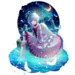  1girl antenna_hair artist_request bare_shoulders bird_girl bird_wings blonde_hair boots bow chest_bow child choker closed_mouth clouds cloudy_sky collarbone colored_tips crescent_moon detached_sleeves dress falling_feathers feathered_wings feathers fitoria_(tate_no_yuusha_no_nariagari) frilled_dress frilled_sleeves frills from_side full_body game_cg gradient_clothes gradient_dress grey_hair knee_boots layered_dress leg_up light_particles long_dress long_sleeves looking_at_viewer looking_to_the_side moon multicolored_boots multicolored_hair night night_sky official_art pink_boots pink_bow pink_choker pink_dress pink_eyes ruins short_hair simple_background sky smile soaking_feet solo tate_no_yuusha_no_nariagari tate_no_yuusha_no_nariagari_rerise transparent_background tree two-tone_boots water white_boots white_dress white_sleeves white_wings wings 