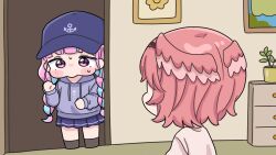  2girls anchor_symbol baseball_cap black_socks blue_hair blue_hat blue_skirt braid brown_shirt chibi commentary_request feathered_wings grey_hoodie hat head_wings highres hololive hood hood_down hoodie indoors long_hair long_sleeves low_twintails minato_aqua mochimiko multicolored_hair multiple_girls pink_hair pink_wings pleated_skirt puffy_long_sleeves puffy_sleeves shirt short_hair skirt socks sweat takane_lui twin_braids twintails two-tone_hair very_long_hair violet_eyes virtual_youtuber wings yurie_mouth 