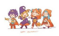  4girls absurdres agott_(tongari_boushi_no_atelier) black_hair blonde_hair blue_hair brushbuddy cape chibi closed_eyes coco_(tongari_boushi_no_atelier) cosplay frankenstein's_monster frankenstein's_monster_(cosplay) hair_ornament halloween happy_halloween highres jack-o'-lantern little_red_riding_hood_(fairy_tale_character) little_red_riding_hood_(fairy_tale_character)_(cosplay) multiple_girls open_mouth orange_hair purple_hair richeh_(tongari_boushi_no_atelier) simple_background smile tetia_(tongari_boushi_no_atelier) thenerdyalchemist tongari_boushi_no_atelier walking witch 