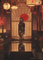  1girl absurdres black_hair black_kimono bob_cut branch bridge commission dock floral_print flower full_body glowing hair_flower hair_ornament hanging_lantern highres holding holding_umbrella japanese_clothes kimono lantern light_particles looking_at_viewer ma_someru original paper_lantern parasol red_eyes reflection reflective_water rose_bush solo stairs standing tassel umbrella warm_colored 