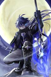  1boy black_boots black_gloves boots flins_(genshin_impact) full_moon genshin_impact gloves highres holding holding_polearm holding_weapon long_sleeves looking_at_viewer moon necoco112061 pants polearm squatting weapon yellow_eyes 