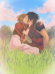  1boy 1girl aerith_gainsborough armor black_gloves black_hair blue_sky bracelet braid braided_ponytail brown_hair closed_eyes clouds cloudy_sky couple crisis_core_final_fantasy_vii cross_scar dress drill_hair drill_sidelocks final_fantasy final_fantasy_vii final_fantasy_vii_remake full_body gloves grass hair_ribbon hand_on_another's_back hand_on_another's_shoulder hetero high_ponytail highres jacket jewelry kiss outdoors parted_bangs pink_dress pink_ribbon ponytail red_jacket ribbon scar scar_on_cheek scar_on_face short_sleeves shoulder_armor sidelocks sitting sky sleeveless sleeveless_turtleneck spiky_hair suspenders sweater sylvthea turtleneck turtleneck_sweater yokozuwari zack_fair 