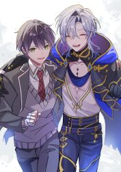  2boys absurdres arm_around_shoulder bandaged_hand bandages black_hair blue_cape blue_pants cape closed_eyes collared_shirt commentary_request cowboy_shot double-parted_bangs green_eyes grey_hair grey_jacket grey_pants grey_sweater_vest hair_between_eyes hand_on_another&#039;s_shoulder highres hood hooded_cape jacket kenmochi_touya kenmochi_touya_(1st_costume) long_sleeves looking_at_viewer male_focus milan_kestrel milan_kestrel_(1st_costume) mole mole_under_eye multiple_boys necktie nijisanji open_clothes open_jacket open_mouth pants parted_bangs red_necktie running running_towards_viewer shirt short_hair simple_background smile sweater_vest virtual_youtuber white_background white_shirt xxcaaan 