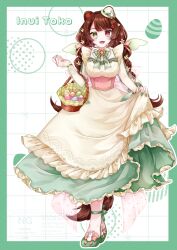  1girl :3 :d absurdres alternate_costume animal_ears ankle_strap basket blush border bow bowler_hat bowtie braid breasts brown_hair brown_tail buttons character_name commentary_request corset dog_ears dog_girl dog_tail double-breasted dress easter easter_egg egg english_commentary fangs flower footwear_bow frilled_dress frills full_body green_border green_bow green_bowtie green_dress green_nails green_shoes green_wings grid_background hair_flower hair_ornament hand_up hat hat_bow hat_ornament hat_ribbon heterochromia highres holding holding_basket inui_toko layered_dress lips long_dress long_hair long_sleeves looking_at_viewer medium_breasts mini_hat mini_wings mixed-language_commentary nail_polish nijisanji open_mouth outside_border pink_bow pink_corset pink_flower rabbit_hat_ornament red_eyes ribbon see-through_clothes see-through_sleeves shoes skirt_hold smile solo standing swept_bangs tail twin_braids very_long_hair virtual_youtuber watermark watermark_grid white_background wings yellow_dress yellow_eyes yellow_hat yuzuca_(trickster4594) 
