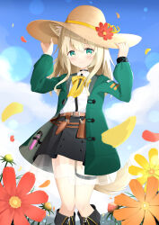  1girl absurdres animal_ear_fluff animal_ears arknights arms_up belt black_skirt blonde_hair blue_sky blush boots bow bowtie breasts buckle choker closed_mouth clouds cloudy_sky coat collared_shirt cowboy_shot dog_ears eyebrows_hidden_by_hair field flower flower_field green_eyes green_jacket hair_between_eyes hand_on_headwear hand_on_own_hat hat hat_flower highres holding jacket long_hair long_sleeves looking_at_viewer mao_xin&#039;ai miniskirt neck_ribbon open_clothes open_jacket outdoors pen petals podenco_(arknights) puffy_long_sleeves puffy_sleeves ribbon see-through_clothes see-through_skirt shirt sidelocks skirt sky sleeves_past_wrists small_breasts smile solo standing straw_hat sunflower test_tube thigh_strap white_shirt wind yellow_bow 