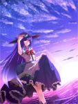  blue_hair cloud clouds food fruit hand_on_hat hat highres hinanawi_tenshi long_hair long_skirt peach red_eyes ryosios skirt skirt_lift smile solo sunrise touhou wading water 
