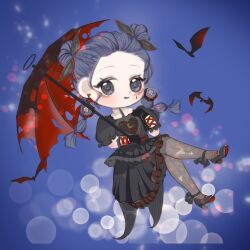  1girl ankle_bow bat_(animal) black_bow black_shirt black_shoes black_skirt black_umbrella blue_background blue_eyes blue_hair blue_tongue blunt_ends bow braid chibi chinese_commentary coattails collar colored_tongue commentary_request crescent_print cross-laced_clothes cross-laced_pantyhose cross-laced_top crossed_legs detached_collar double_bun dream-like_night_(infinity_nikki) earrings eyelashes facial_tattoo floating forehead frilled_shirt frilled_skirt frilled_sleeves frills grey_pantyhose hair_bow hair_bun halloween hand_on_own_chest happy heart heart_earrings heart_print high_heels highres holding holding_umbrella hoop_earrings infinity_nikki jewelry light_blush light_particles long_hair medium_skirt nikki_(series) open_mouth pantyhose pleated_skirt print_shirt procreate_(medium) puffy_short_sleeves puffy_sleeves pumps qingmuxianye red_umbrella shirt shoes short_sleeves skirt smile solo tattoo teardrop_tattoo torn_umbrella twin_braids two-tone_umbrella umbrella umbrella_over_shoulder white_collar 