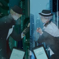  2boys aqua_eyes artist_name black_coat black_gloves black_hat black_jacket blonde_hair building cellphone chance_(forsaken) character_name cigarette coat colored_eyelashes english_commentary fingernails flip_phone forsaken_(roblox) gloves grey_hair hair_over_one_eye hat headphones headphones_around_neck highres holding holding_cigarette holding_phone jacket long_sleeves looking_at_viewer mafioso_(forsaken) male_focus multiple_boys one_eye_covered phone priska red_eyes roblox shirt smartphone smile smoke twitter_username white_shirt 