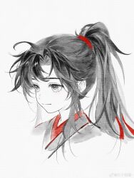  1boy absurdres aged_down ahoge bishounen black_hair black_hanfu child chinese_clothes closed_mouth eyelashes faux_traditional_media grey_eyes greyscale hair_ribbon hanfu highres long_hair looking_to_the_side male_focus modao_zushi monochrome ponytail portrait red_ribbon ribbon san_shi_si_li sidelocks simple_background smile solo spot_color upper_body watermark wei_wuxian weibo_watermark white_background 
