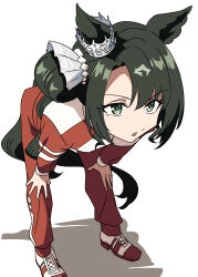  1girl absurdres animal_ears baasaku_(balasaku24) breasts ear_through_crown green_eyes green_hair hair_between_eyes hands_on_own_knees highres horse_ears horse_girl horse_tail jacket leaning_forward long_hair multicolored_hair open_mouth pants red_jacket red_pants red_track_suit satono_crown_(umamusume) shoes side_ponytail simple_background solo streaked_hair tail tracen_training_uniform track_jacket track_pants track_suit umamusume white_background 
