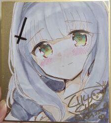  1girl absurdres black_hoodie blue_archive blush closed_mouth collarbone green_eyes grey_hair hair_intakes hand_up hare_(blue_archive) highres hood hood_down hoodie kuriyuzu_kuryuu long_hair photo_(medium) shikishi signature solo traditional_media upper_body 