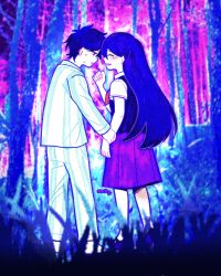  1boy 1girl absurdres antenna_hair artist_name barefoot black_shoes blurry blurry_background blush bu3hgg closed_eyes collared_shirt colored_skin hero_(headspace)_(omori) hero_(omori) highres holding_another&#039;s_wrist long_hair long_sleeves mari_(headspace)_(omori) mari_(omori) omori open_mouth pajamas pants parted_lips pleated_skirt purple_hair purple_skirt shirt shoes short_hair short_sleeves skirt smile socks striped_clothes striped_pajamas striped_pants sweat twitter_username vertical-striped_clothes vertical-striped_pajamas vertical-striped_pants violet_eyes white_shirt white_skin white_socks 