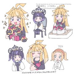  1boy 2girls ? ?? alternate_hairstyle black_hair black_shoes blonde_hair blue_eyes blunt_bangs blush_stickers bob_cut brother_and_sister chair closed_eyes closed_mouth coat commentary_request crossed_arms dougi eyelashes falinks gradient_hair gwynn_(pokemon) hairband hat highres holding holding_pokemon ivor_(pokemon) josee_(pokemon) long_hair long_sleeves looking_at_another mole mole_under_mouth multicolored_hair multiple_girls multiple_views on_chair open_clothes open_coat open_mouth pokemon pokemon_(creature) pokemon_legends:_z-a purple_hair remoooon seiza shoes short_hair siblings sitting translation_request twintails violet_eyes white_coat 