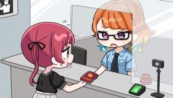  2girls black-framed_eyewear black_necktie black_shirt blonde_hair blue_shirt blush_stickers chibi collared_shirt flying_sweatdrops glasses gradient_hair hololive hololive_english houshou_marine indoors long_hair mochimiko multicolored_hair multiple_girls necktie open_mouth orange_hair passport pleated_skirt ponytail puffy_short_sleeves puffy_sleeves red_hair semi-rimless_eyewear shirt short_sleeves skirt small_sweatdrop sweat takanashi_kiara tears twintails under-rim_eyewear very_long_hair violet_eyes virtual_youtuber white_skirt 