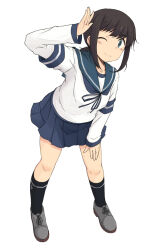  1girl alternate_eye_color anchor_symbol arm_support black_socks blue_eyes blue_neckerchief blue_sailor_collar blue_skirt blush brown_hair commentary_request fubuki_(kancolle) full_body grey_shirt hair_tie kantai_collection kneehighs kugui_kiyunemu layered_sleeves leaning_forward long_hair long_sleeves looking_at_viewer low_ponytail neckerchief one_eye_closed pleated_skirt ponytail sailor_collar salute shirt short_over_long_sleeves short_sleeves sidelocks simple_background skirt smile socks solo white_background white_shirt 
