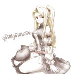  1girl :o amoretta_virgine belt blonde_hair boots cat cat_on_lap chan_co copyright_name earrings grimgrimoire jewelry knee_boots long_hair ponytail red_eyes simple_background sitting solo white_background yokozuwari 