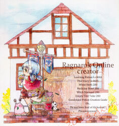  1girl 2013 akari-tkn apple banner blue_hair blue_sky boots brown_boots brown_dress commentary_request creator_(ragnarok_online) door dress english_text food fruit full_body fur-trimmed_boots fur_trim green_apple house lamppost looking_at_viewer looking_down medium_hair open_mouth outdoors pullcart rabbit_earmuffs ragnarok_online sky slime_(creature) solo standing standing_on_one_leg stuffed_animal stuffed_panda stuffed_toy vanilmirth_(ragnarok_online) 