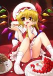  ascot bad_id blonde_hair blush cake cherry child fang flandre_scarlet food food_on_face fruit hat maru54 panties pantyshot pantyshot_(sitting) pantyshot_sitting pink_panties red_eyes short_hair side_ponytail sitting solo strawberry the_embodiment_of_scarlet_devil touhou underwear wings 