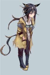  1girl animal_ears black_boots black_hair black_pants boots brown_eyes brown_hair closed_mouth coat collared_shirt ear_covers full_body goggles goggles_around_neck gradient_eyes hair_between_eyes hands_in_pockets horse_ears horse_girl horse_tail long_hair multicolored_eyes multicolored_hair pants ponytail shirt simple_background solo stay_gold_(umamusume) streaked_hair tail torn_clothes torn_coat umamusume violet_eyes white_hair white_shirt yanagi_wakana yellow_coat 