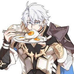  1boy antenna_hair black_choker black_gloves blue_cape blue_eyes cape choker chopsticks chu_asdf commentary crossed_bangs eating fingerless_gloves fried_egg gloves hair_between_eyes hands_up highres holding holding_chopsticks holding_plate honkai:_star_rail honkai_(series) jacket long_sleeves looking_at_viewer male_focus neck_tattoo phainon_(honkai:_star_rail) plate puffy_long_sleeves puffy_sleeves short_hair simple_background single_glove solo sun_symbol sun_tattoo symbol-only_commentary tattoo two-sided_cape two-sided_fabric upper_body white_background white_hair white_jacket yellow_cape 