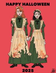  2girls :d artist_name black_hair blood blood_from_mouth cosplay dated english_text frankenstein's_monster frankenstein's_monster_(cosplay) fujichika_(icco_8) halloween halloween_costume highres holding_hands long_skirt maid maid_headdress multiple_girls red_background red_hair skirt smile stitched_face stitches sukeban_to_tenkousei 