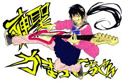  1boy black_eyes black_hair black_sailor_collar bloodshot_eyes blue_ribbon blue_skirt cardigan converse crossdressing crossdressing_(mtf) dated_commentary electric_guitar floating_hair full_body grin group_name guitar hair_ornament hair_scrunchie highres holding holding_guitar holding_instrument holding_plectrum instrument jumping long_hair long_sleeves low_ponytail mdch48 music neck_ribbon noko_(shinsei_kamattechan) open_cardigan open_clothes outstretched_leg pants pants_under_skirt pink_cardigan pink_pants plaid_clothes plaid_pants playing_instrument plectrum ponytail ribbon sailor_collar school_uniform scrunchie serafuku shinsei_kamattechan shirt shoes simple_background skirt smile solo tambourine white_background white_shirt wide-eyed 