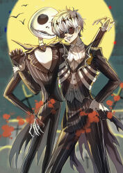  2boys absurdres aihe1111 black_crown crown gloves highres jack_skellington jacket long_sleeves looking_at_viewer missing_tooth multiple_boys pinstripe_jacket pinstripe_pattern pinstripe_suit pinstripe_vest round_eyewear short_hair skeleton skeleton_print skully_j._graves smile striped_clothes striped_jacket suit sunglasses the_nightmare_before_christmas twisted_wonderland vest white_hair zero_(nbc) 